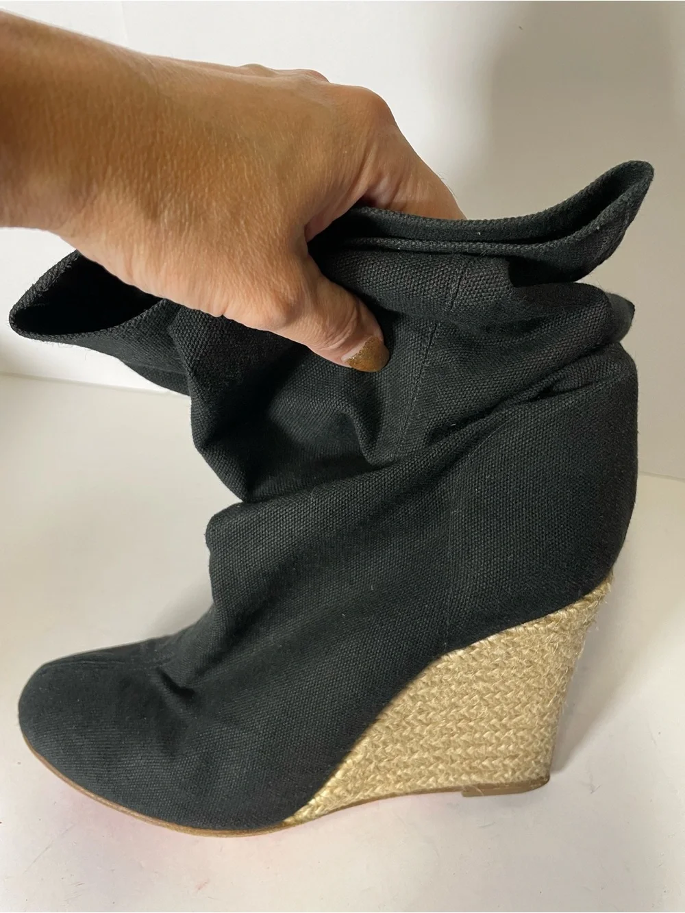 Christian Louboutin Black Wedge canvas espadrille knee high tall Boots 39/ 8.5
